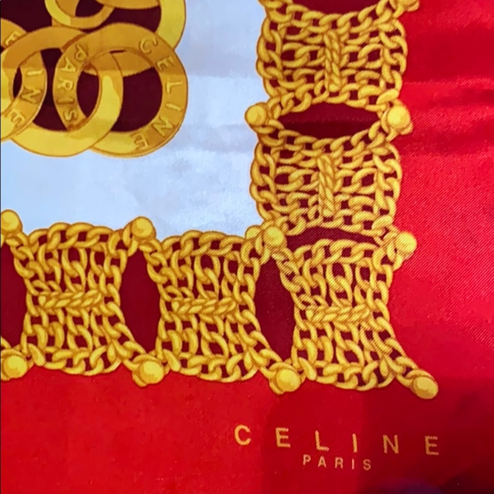 Celine 💯 Silk Red Gold Logo Scarf Made in Italy 🇮🇹 Never Used - Picture 1 of 4